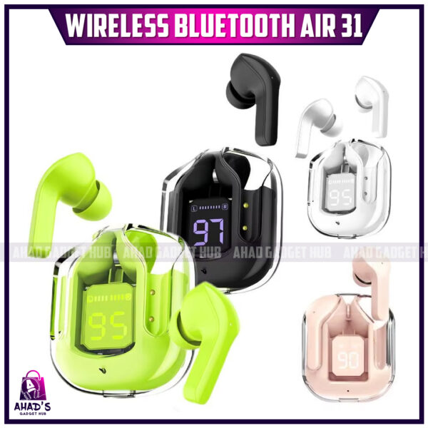 AIR31 EARBUDS TRUE WIRELESS BLUETOOTH HEADSET BINAURAL SMALL IN EARBUDS  STEREO BASS TWS EARBUDS NEWEST SPORTS EARBUDS FOR PHONES-EARBUDS AIR 31 AIRPODS WIRELESS EARBUDS WITH CRYSTAL TRANSPARENT CASE WITH TYPE C CHARGING|EARBUDS BLUETOOTH 5.3 -NEW MODEL